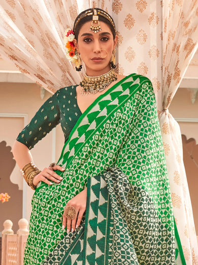 Attractive Green Digital Printed Silk Event Wear Saree With Blouse